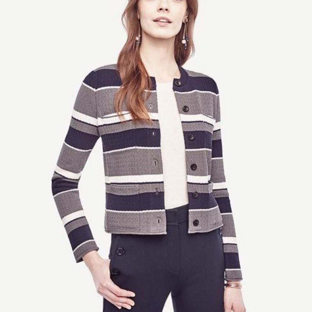 Ann Taylor Navy Stripe PatchPocket Cardigan Jacket